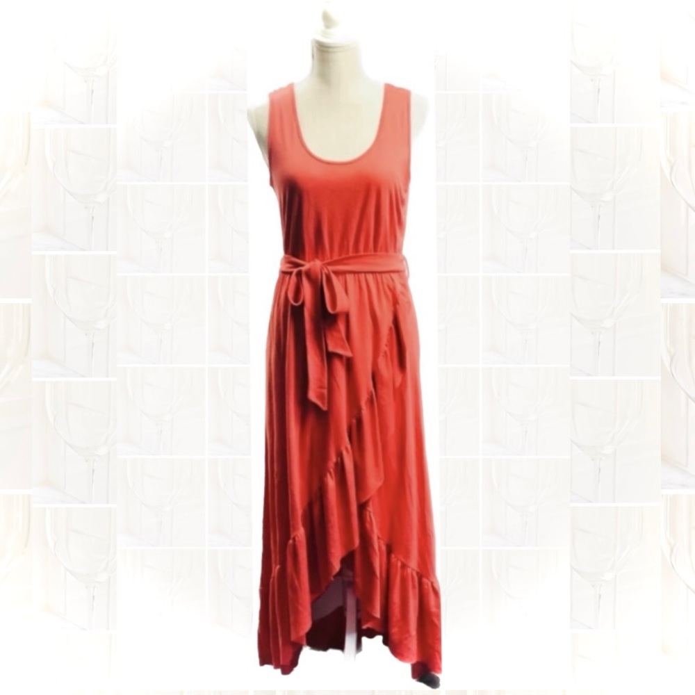 SWAY | M | Peruvian Organic Pima Cotton Coral Scoop Tank Ruffle High Low Dress